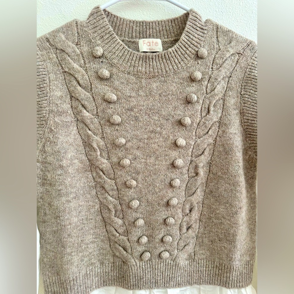 NEW Fate Tan Crew Neck Cable Knit Sweater Vest with Attached white Blouse - Picture 3 of 7